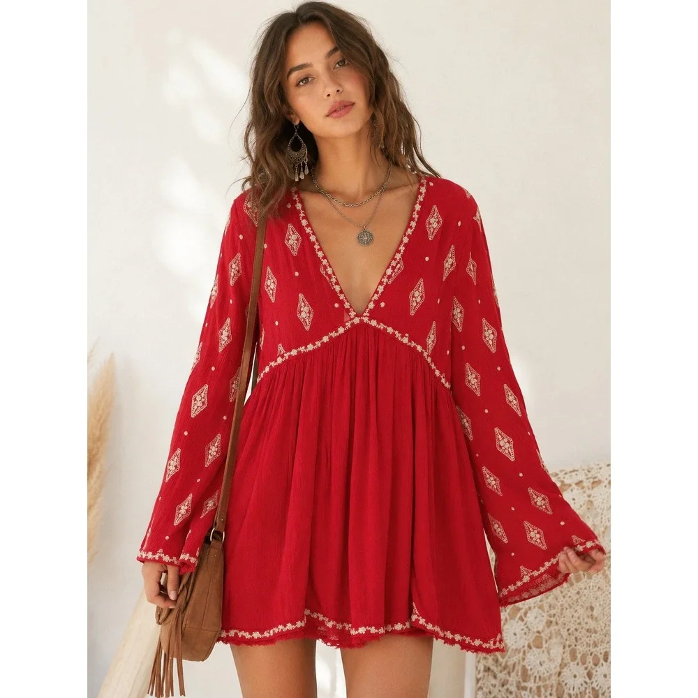 Free People Red Embroidered Boho Tunic Dress Mini Bell Sleeve S Babydoll Chic